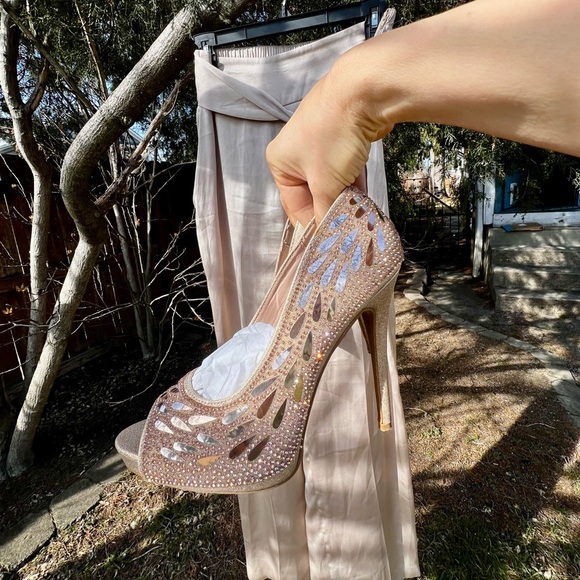 Rose Gold glitter Peacock Peeptoe heels stiletto platform formal open toe 8 - Picture 9 of 11